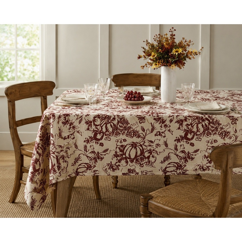 Lenox Pumpkin Toile Tablecloth 60x102 Oblong Spice Burnt Red Harvest Cotton - Picture 3 of 3